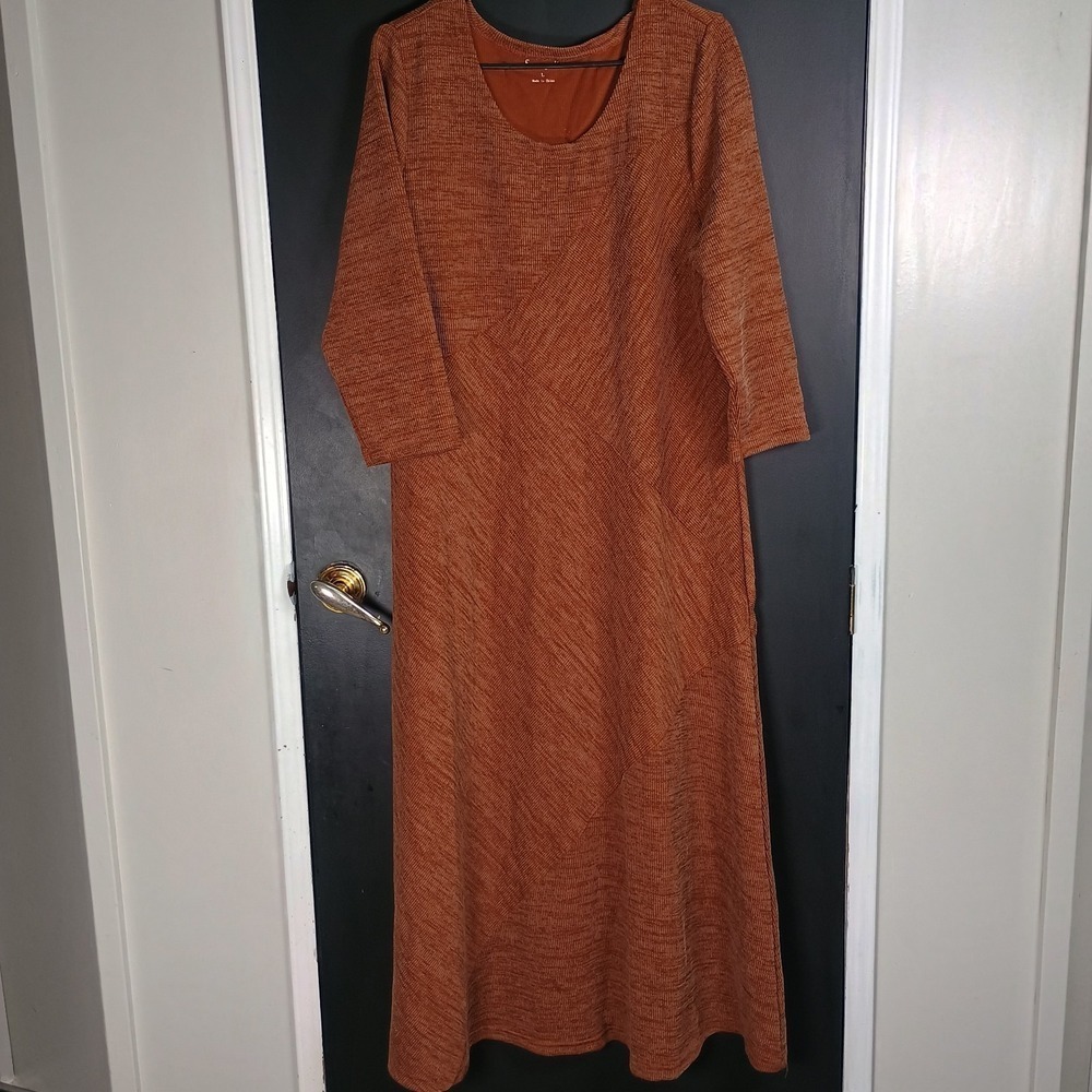 Serengeti Burnt Orange Ribbed 3/4 Sleeve Long Stretch Flowy Fall Dress Large